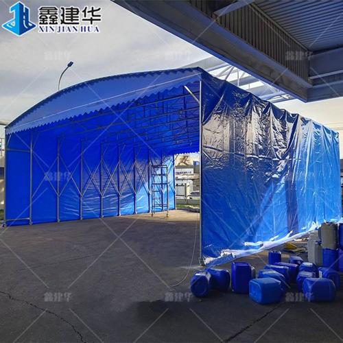 上海金山区加工定制移动伸缩雨棚布单排立柱推拉蓬带水槽工地帐篷