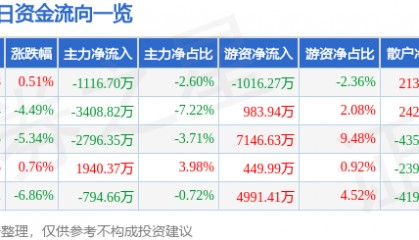 股票行情快报：圣泉集团（605589）10月20日主力资金净卖出1116.70万元