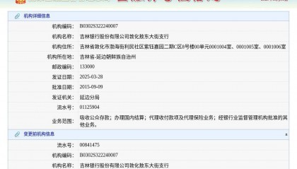 吉林银行股份有限公司敦化敖东大街支行换发金融许可证，发证日期2025年3月28日
