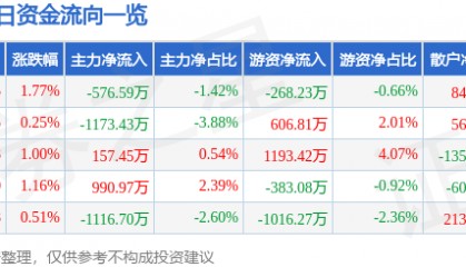 股票行情快报：圣泉集团（605589）10月24日主力资金净卖出576.59万元