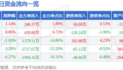 股票行情快报：中央商场（600280）7月17日主力资金净买入246.37万元
