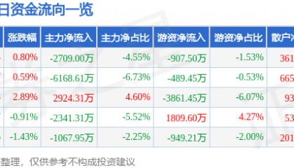 股票行情快报：圣泉集团（605589）9月19日主力资金净卖出2709.00万元