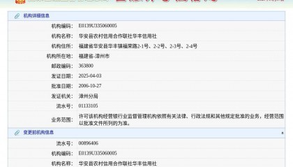 华安县农村信用合作联社华丰信用社换发金融许可证，发证日期2025年4月3日