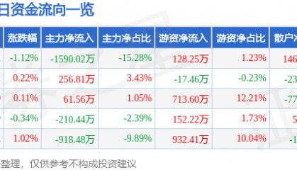 股票行情快报：东方盛虹（000301）8月12日主力资金净卖出1590.02万元