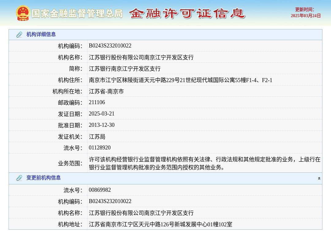 江苏银行股份有限公司南京江宁开发区支行换发金融许可证,发证日期2025年3月21日