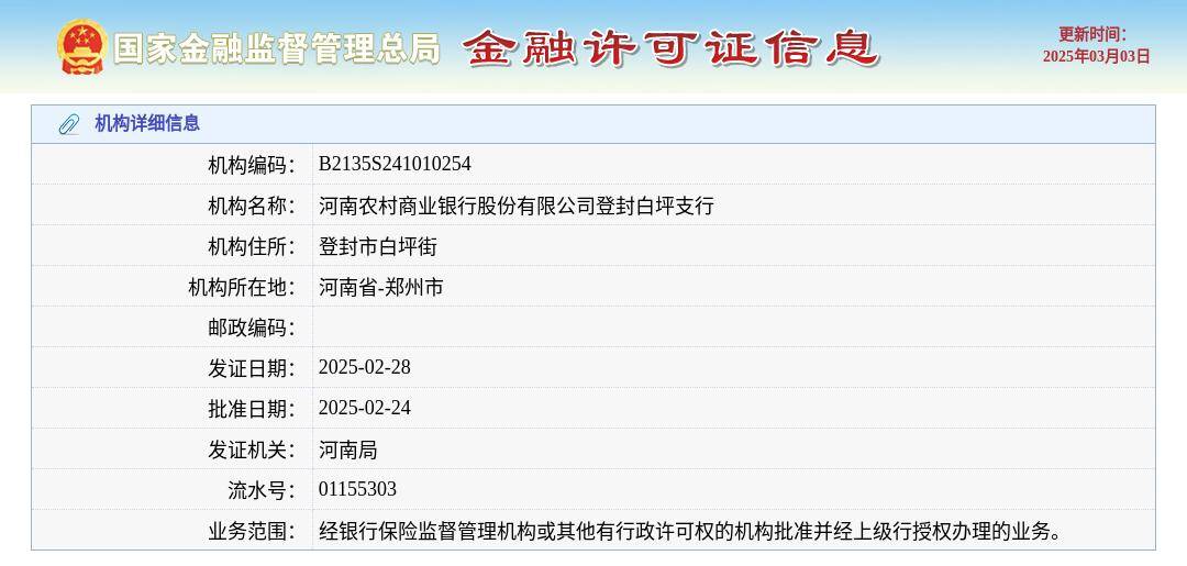 河南农村商业银行股份有限公司登封白坪支行颁发金融许可证,发证日期2025年2月28日