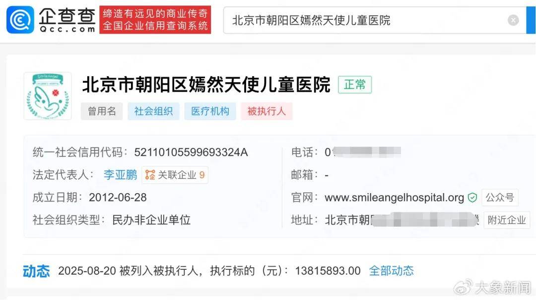 李亚鹏名下嫣然天使儿童医院被执行1381万,该医院涉多起司法案件