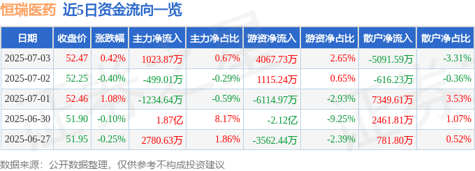 股票行情快报:恒瑞医药(600276)7月3日主力资金净买入1023.87万元