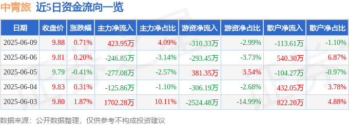 股票行情快报:中青旅(600138)6月9日主力资金净买入423.95万元