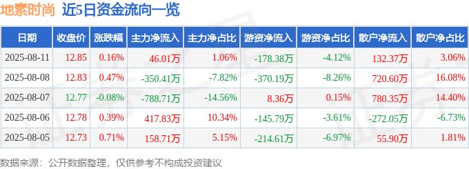 股票行情快报:地素时尚(603587)8月11日主力资金净买入46.01万元