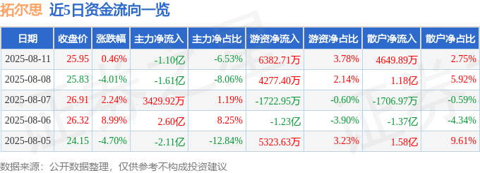 股票行情快报：拓尔思（300229）8月11日主力资金净卖出1.10亿元