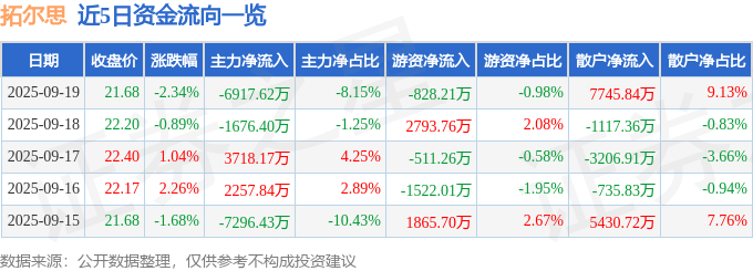 股票行情快报：拓尔思（300229）9月19日主力资金净卖出6917.62万元
